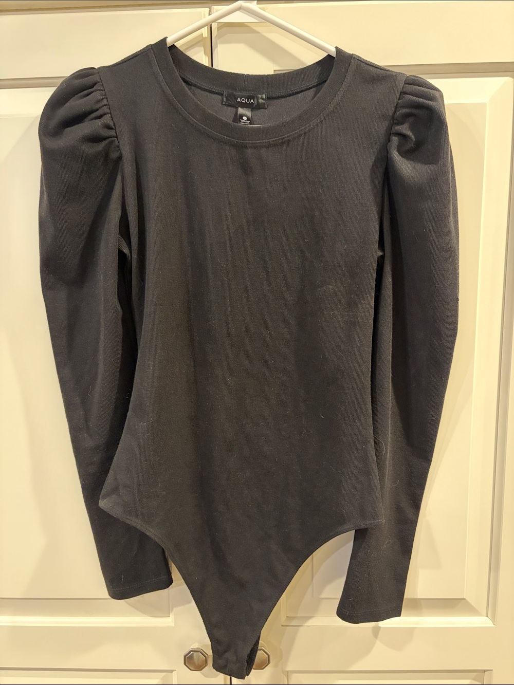Aqua Black Puff-Sleeve Bodysuit with Crew Neck